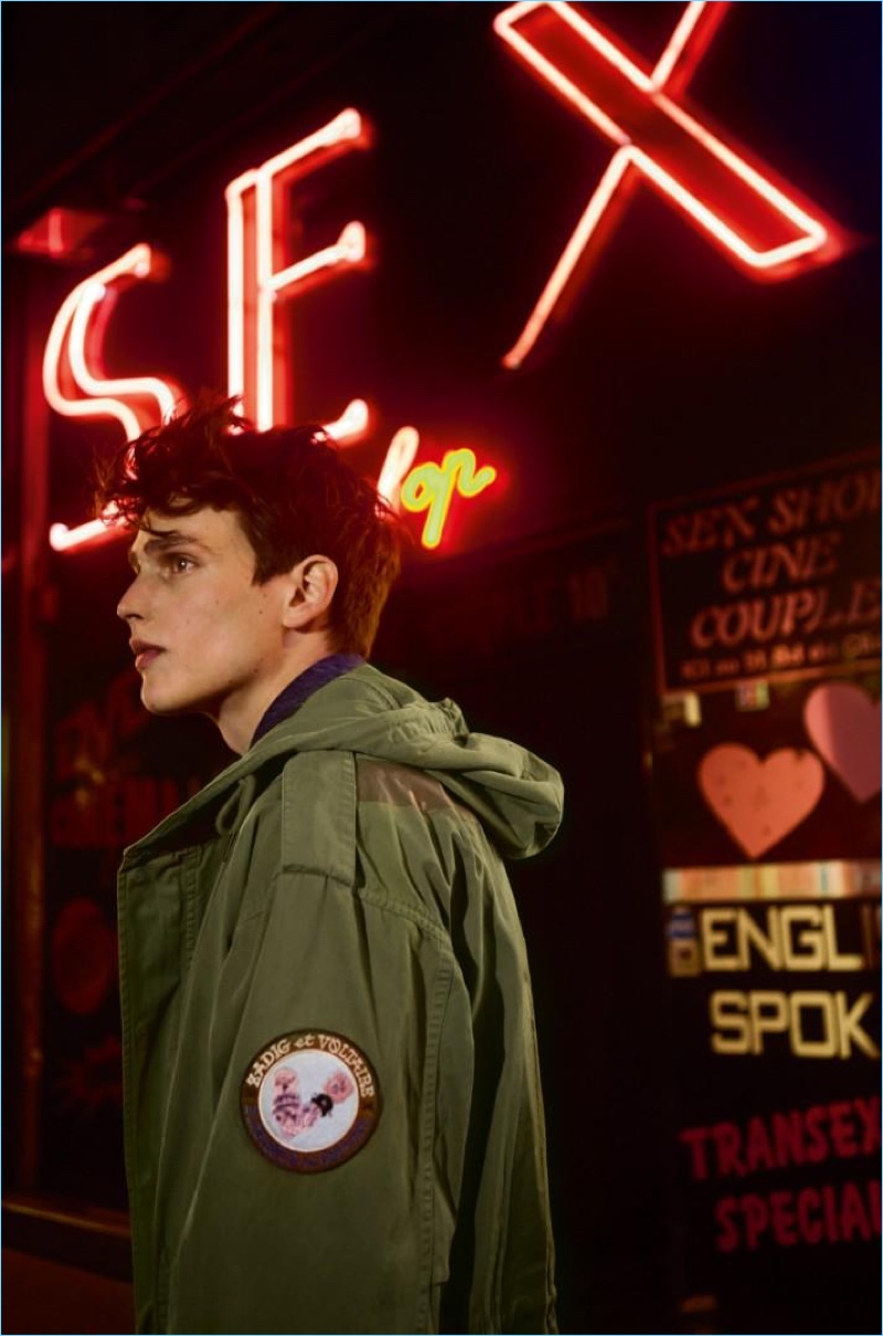 Stepping out, Simon van Meervenne sports a green parka from Zadig & Voltaire.