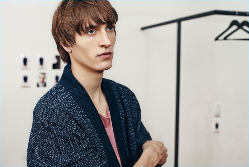 Zara Man goes chic with this studio indigo kimono and short-sleeve sweater worn by Tim Dibble.