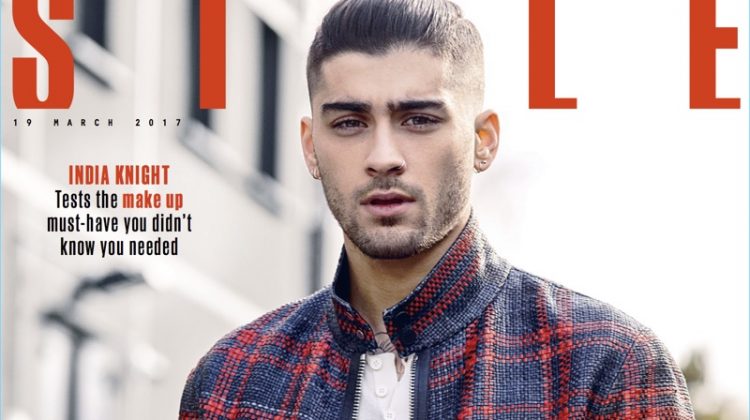 Zayn Malik covers the March 19, 2017 issue of The Sunday Times Style in a check Louis Vuitton jacket.