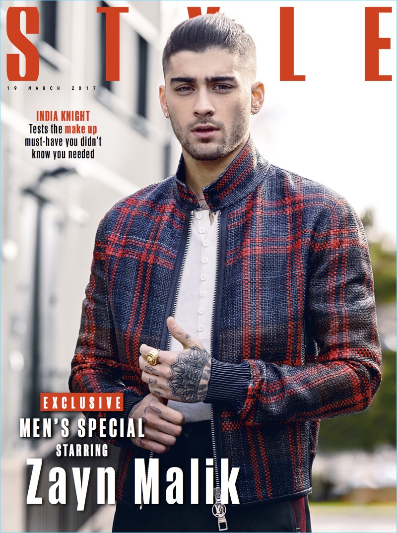 Zayn Malik covers the March 19, 2017 issue of The Sunday Times Style in a check Louis Vuitton jacket.