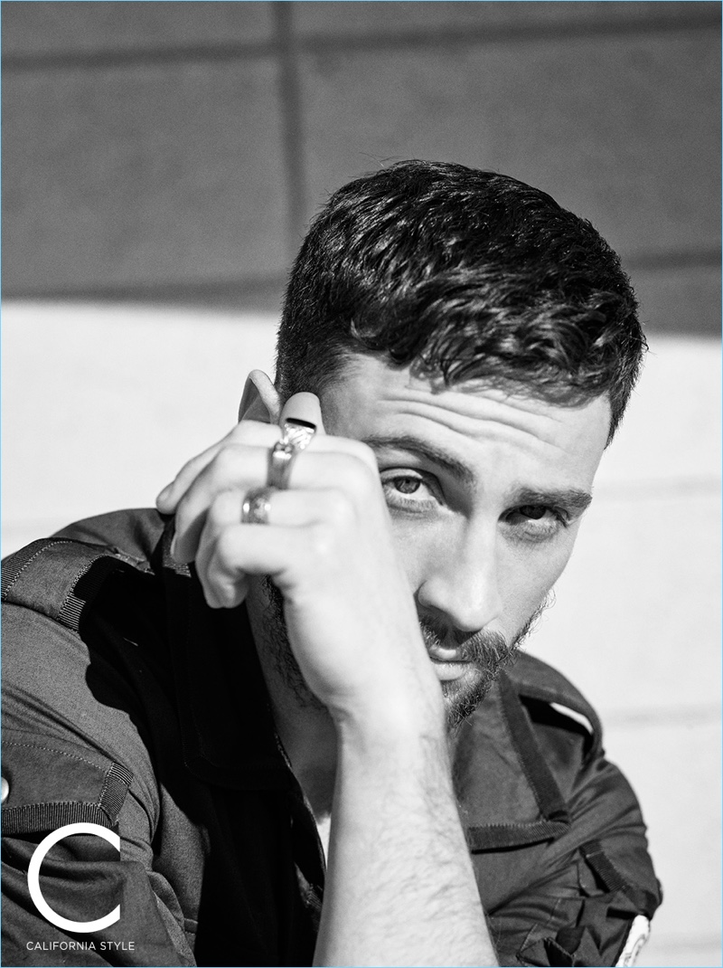 Appearing in a black and white photo, Aaron Taylor-Johnson wears a Moncler Gamme Bleu shirt with a David Yurman ring. » Aaron Taylor-Johnson Covers C for Men, Photographed by Wife Appearing in a black and white photo, Aaron Taylor-Johnson wears a Moncler Gamme Bleu shirt with a David Yurman ring.