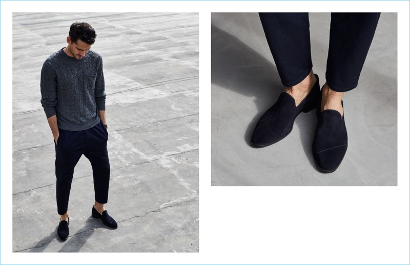 Stepping outdoors, Arthur Kulkov dons Between Rivers' slip-on in midnight suede.