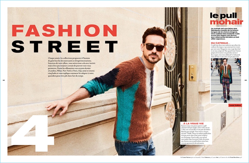 Taking spring fashions to the streets, Arthur Kulkov wears a Louis Vuitton sweater with an Eminence t-shirt, AMI jeans, and Etnia Barcelona sunglasses.