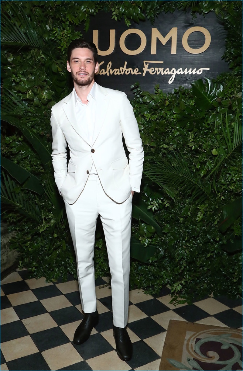 April 2017: Ben Barnes dons a chic neutral Salvatore Ferragamo suit for a launch event of the brand's newest fragrance, Salvatore Ferragamo Uomo Casual Life.