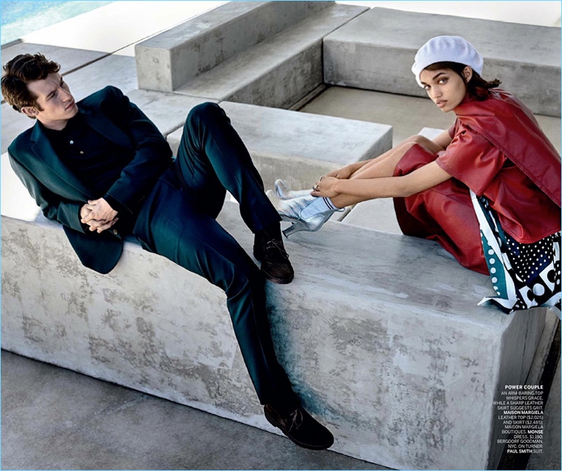 Mario Testino photographs Callum Turner and Ellen Rosa. Turner dons a Paul Smith suit.