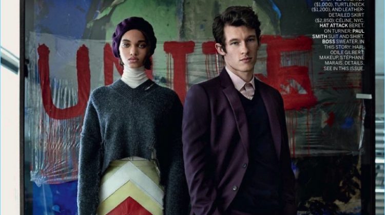 Standing tall with Ellen Rosa, Callum Turner sports a Paul Smith shirt and purple suit with a BOSS Hugo Boss sweater.