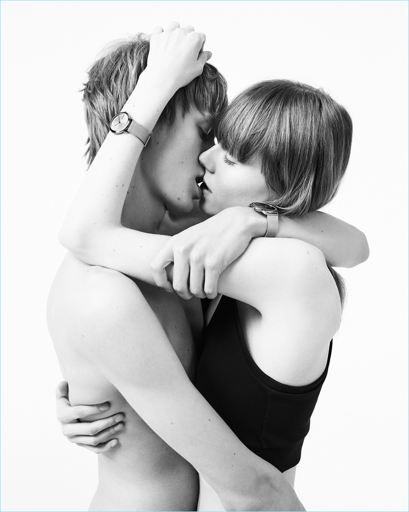 Couple Jonas Glöer and Kiki Willems embrace for Calvin Klein's spring-summer 2017 watch campaign.
