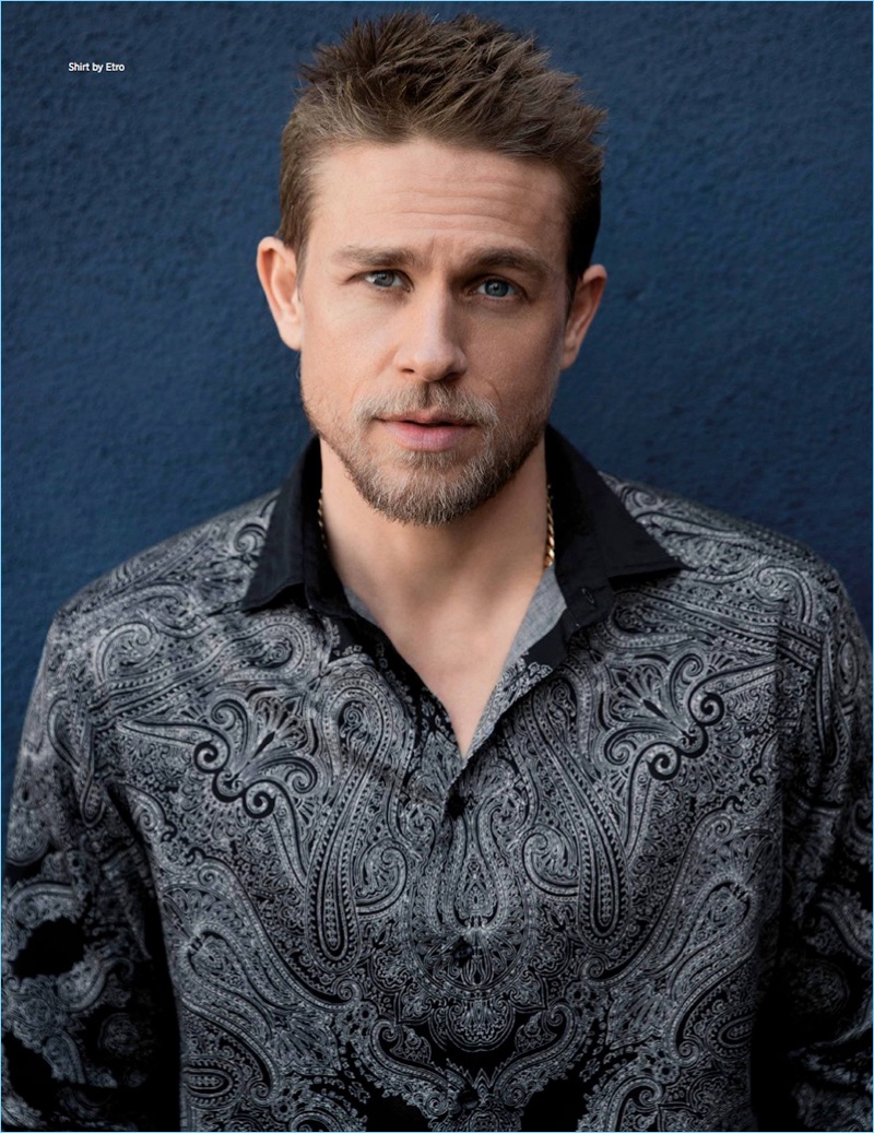 Actor Charlie Hunnam wears a paisley Etro shirt for the pages of Da Man.