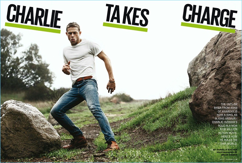 Actor Charlie Hunnam sports an Alternative t-shirt with Current Elliott jeans.