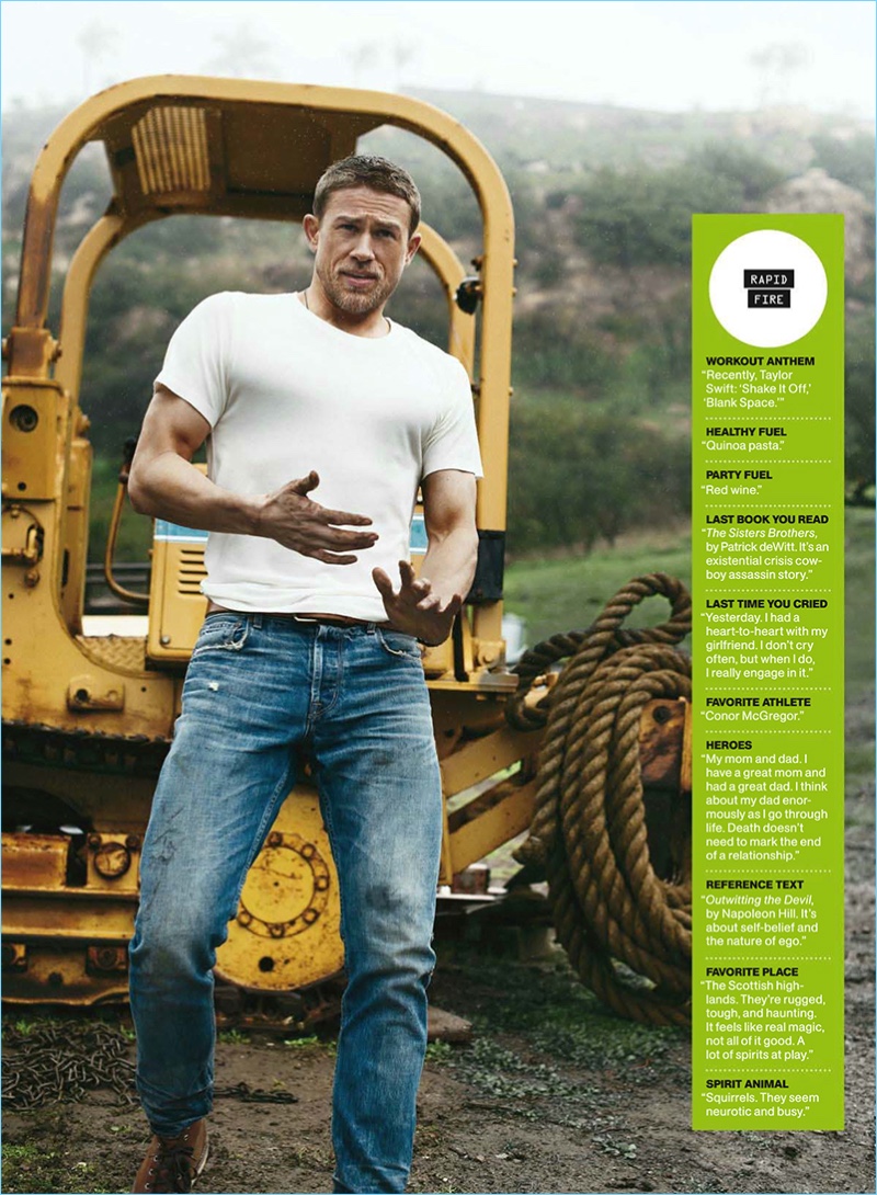 Charlie Hunnam embraces a rugged charm for the pages of Men's Health.