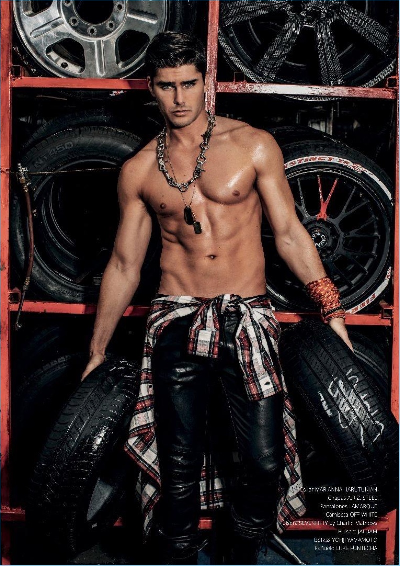 Going shirtless, Charlie Matthews wears a leather pants by Lamarque with an Off-White shirt.