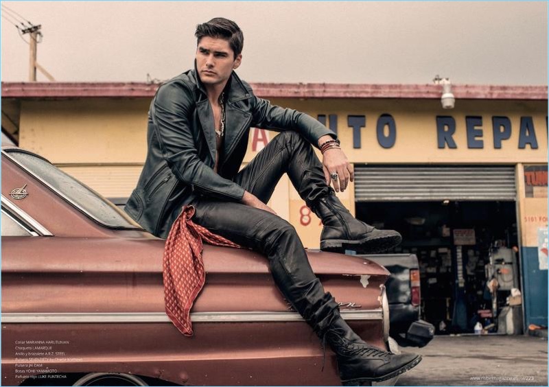 Clad in leather, Charlie Matthews is front and center for the pages of Risbel magazine.