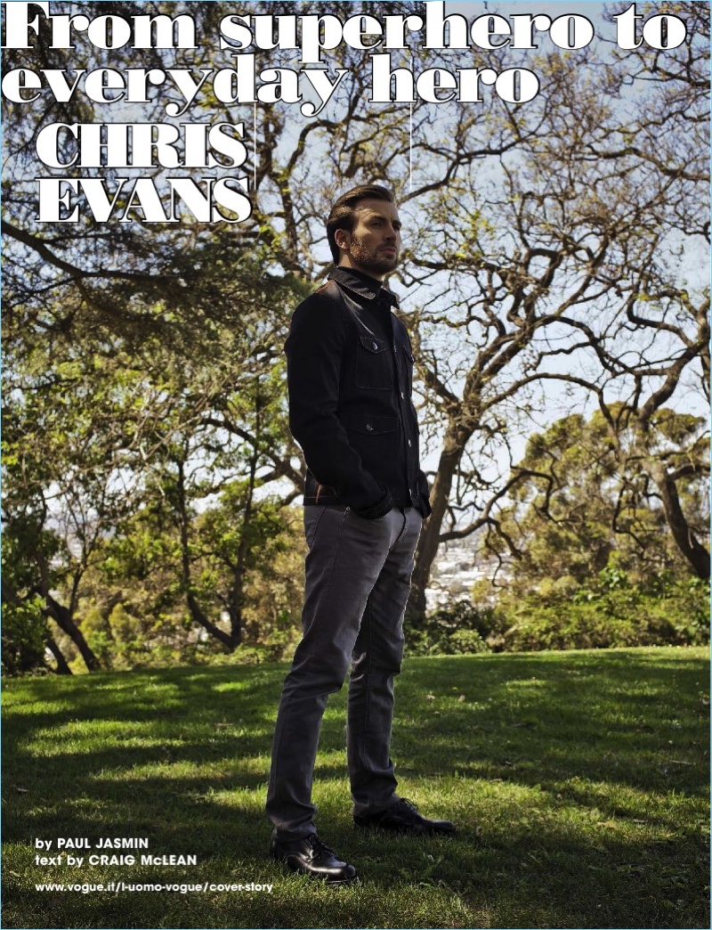 Stealing a quiet moment, Chris Evans wears a top and jacket by Prada with J Brand denim jeans. Evans also wears Officine Generale shoes. » Chris Evans Covers L'Uomo Vogue, Talks 'Gifted' Stealing a quiet moment, Chris Evans wears a top and jacket by Prada with J Brand denim jeans. Evans also wears Officine Generale shoes.