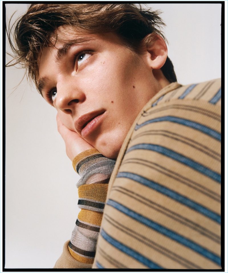 Ready for his close-up, Christopher Einla dons a striped Boglioli thermal with a Hood by Air t-shirt.