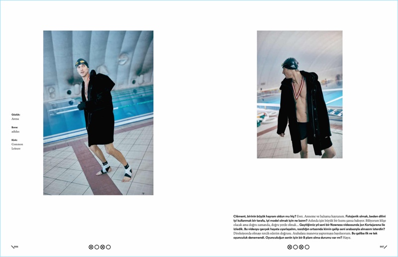 Koray Birand photographs Clément Chabernaud in Arena goggles with an Adidas swim cap, and Common Leisure coat.
