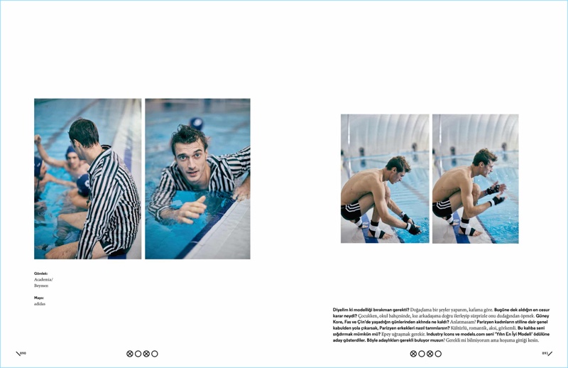Left: Clément Chabernaud wears a striped Academia shirt with an Adidas swimsuit. Right: Clément sports an Adidas swimsuit. » Clément Chabernaud Goes Diving for XOXO Cover Story Left: Clément Chabernaud wears a striped Academia shirt with an Adidas swimsuit. Right: Clément sports an Adidas swimsuit.