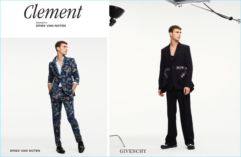 Clément Chabernaud dons spring 2017 tailoring from Dries Van Noten and Givenchy.