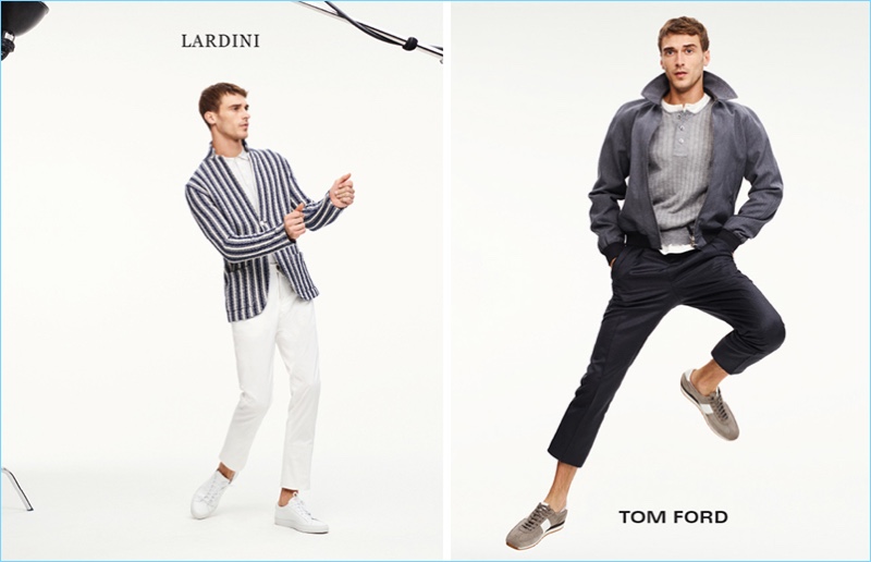 Striking a series of poses, Clément Chabernaud wears Lardini and Tom Ford.