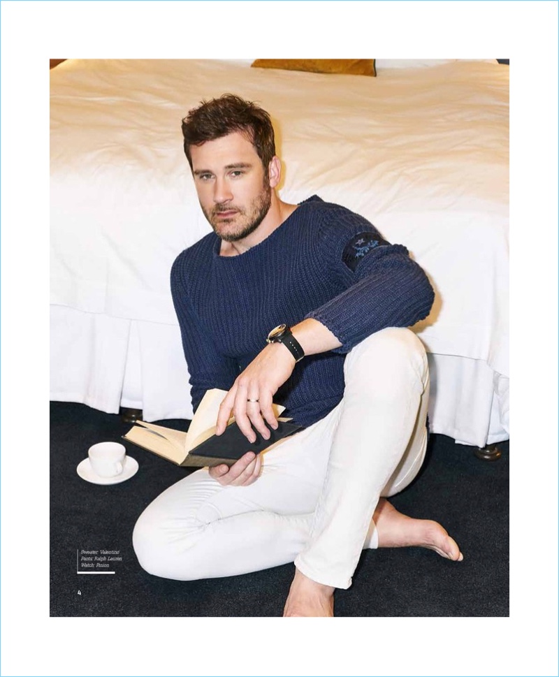 Going smart casual, Clive Standen wears a Valentino sweater with Ralph Lauren pants, and a Pinion watch.