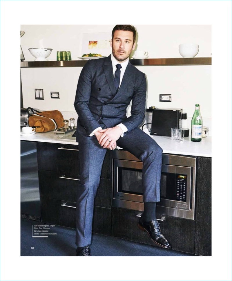 Embracing sleek lines, Clive Standen wears an Ermenegildo Zegna suit with a Dior Homme shirt and tie.