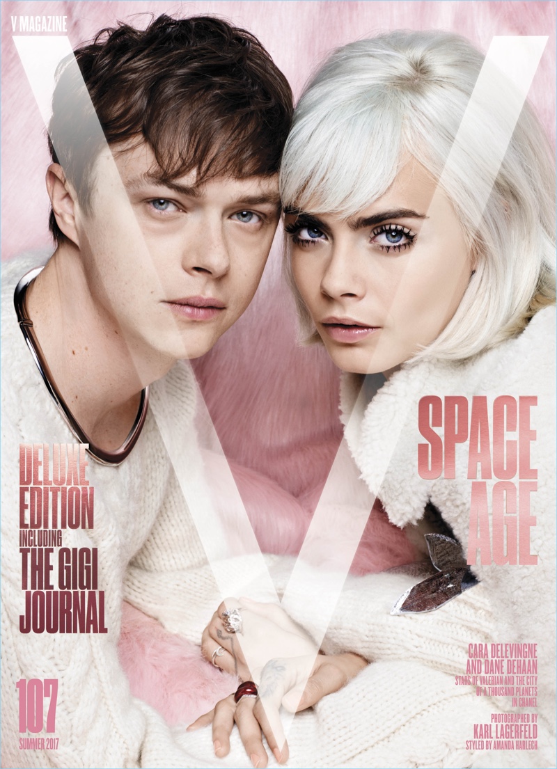 Karl Lagerfeld photographs Dane DeHaan and Cara Delevingne for the summer 2017 cover of V magazine.