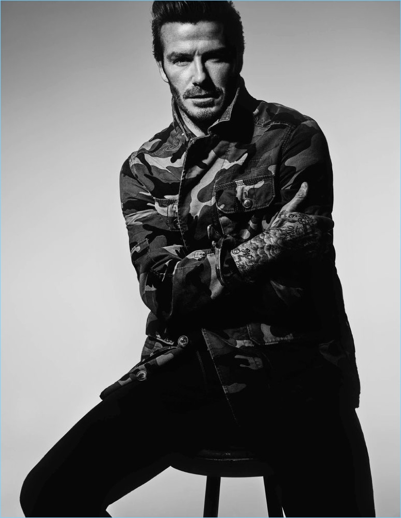 Embracing camouflage, David Beckham wears a Valentino jacket with Saint Laurent jeans. » David Beckham Covers #Legend, Talks Kent & Curwen Embracing camouflage, David Beckham wears a Valentino jacket with Saint Laurent jeans.
