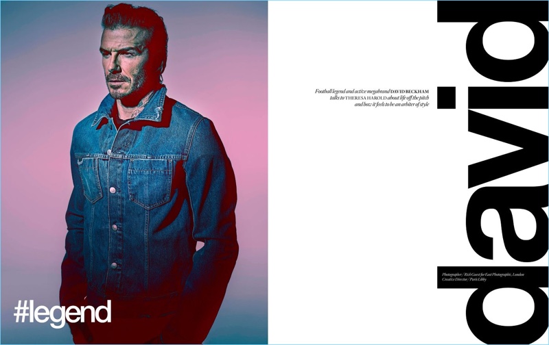 Starring in a photo shoot, David Beckham sports a Maison Margiela denim jacket.