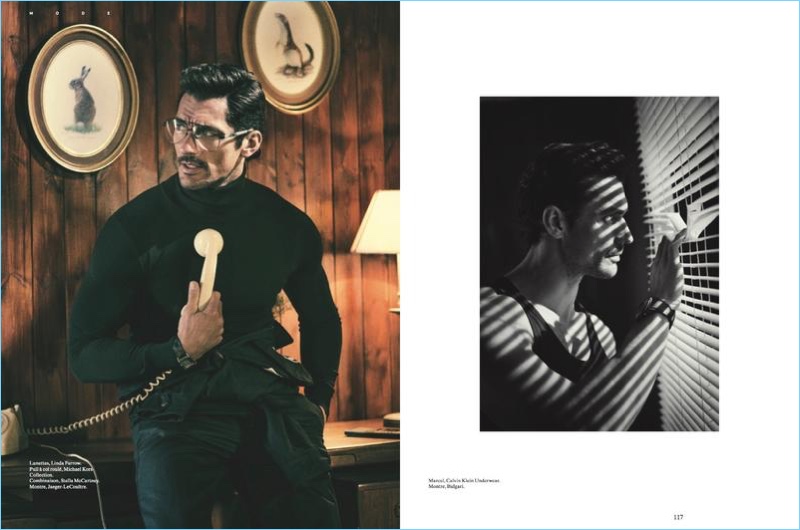 Left: David Gandy wears Linda Farrow glasses a Michael Kors and Stella McCartney look. Right: David sports a Calvin Klein tank with a Bulgari watch.