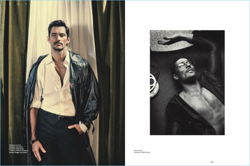 Left: David Gandy wears a Lanvin trench coat with a Tom Ford shirt, Dsquared2 trousers, and a Dolce & Gabbana belt. Right: David wears a Bally blazer with Linda Farrow glasses.