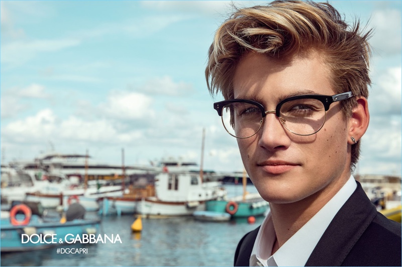 A smart vision in optical frames, Presley Gerber fronts Dolce & Gabbana's spring-summer 2017 eyewear campaign.