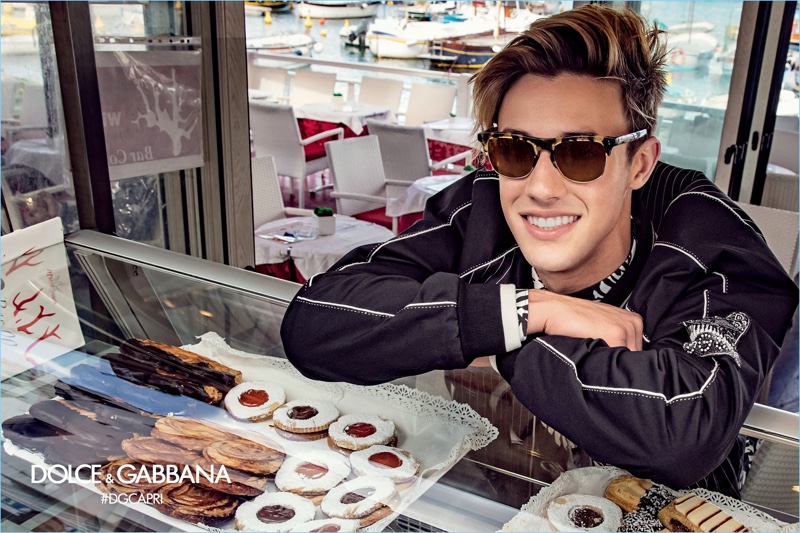 Starring in Dolce & Gabbana's spring-summer 2017 eyewear campaign, Cameron Dallas sports an updated version of the brand's leopard framed sunglasses.