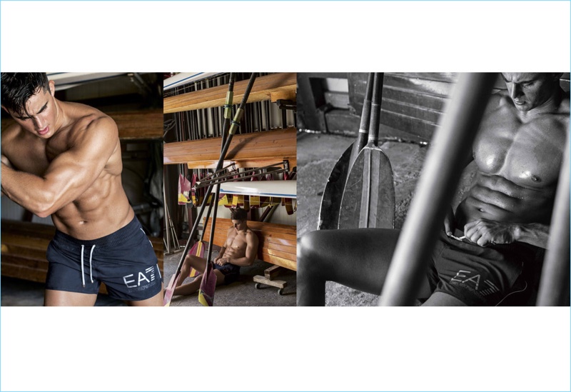 Italian model Pietro Boselli goes shirtless with an active spirit for EA7.