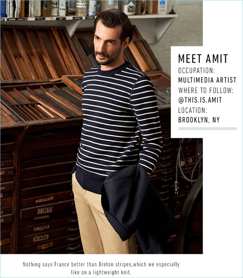 Amit Greenberg wears an A.P.C. Truman jacket $620 with an AMI striped sweater $400, and Lacoste slim-fit classic chinos $98.