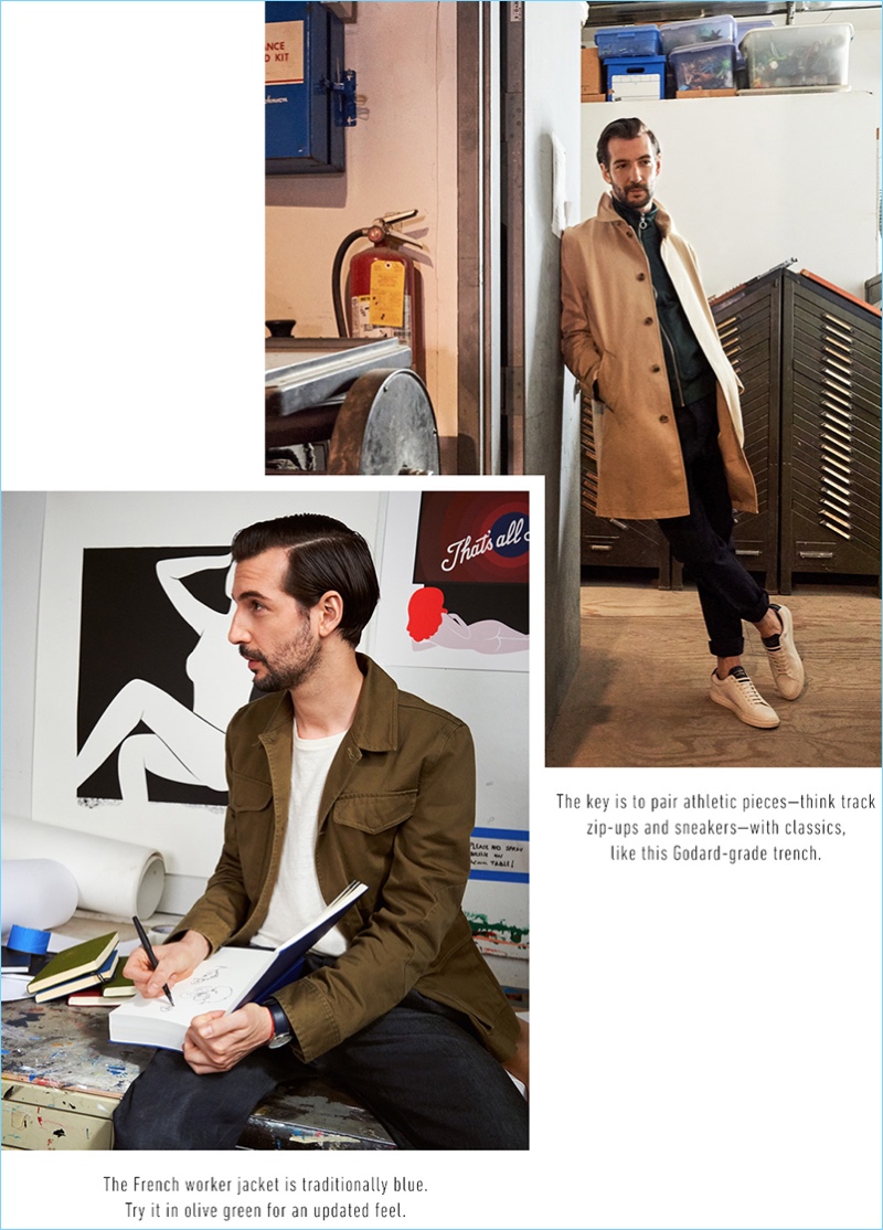 Top: Amit Greenberg sports an A.P.C. City Mac coat $515, AMI zip jacket $295 and chino pants $255. The artist also dons Zespa ZSP 4 SPRT leather sneakers $277. Bottom: Amit wears an Officine Generale Travis jacket $510, Harmony Tavin tee $99, Lemaire elasticated pants $515, and a Larsson & Jennings Automatic A II watch $1,395.