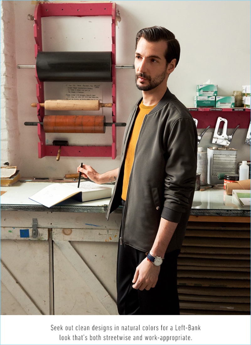 Embracing clean lines, Amit Greenberg wears The Kooples' classic nylon bomber jacket $395, Lemaire knitted tee $425, Satisfy Post Run pants $278, and a Larsson & Jennings Saxon S II watch $445.