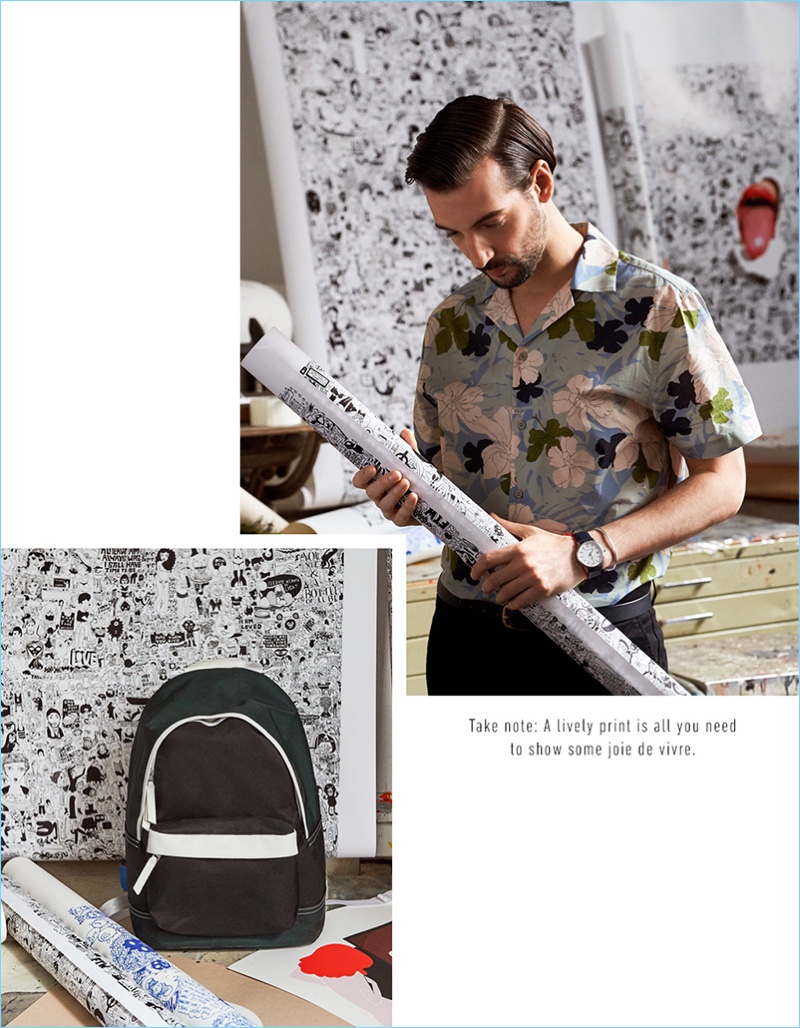 Connecting with East Dane, Amit Greenberg wears an Editions M.R. tropic shirt $237, AMI casual pants $275, and a Larsson & Jennings Saxon S II watch $445. Amit also sports a Maximum Henry slim standard belt $100. The look complements an AMI backpack $365.