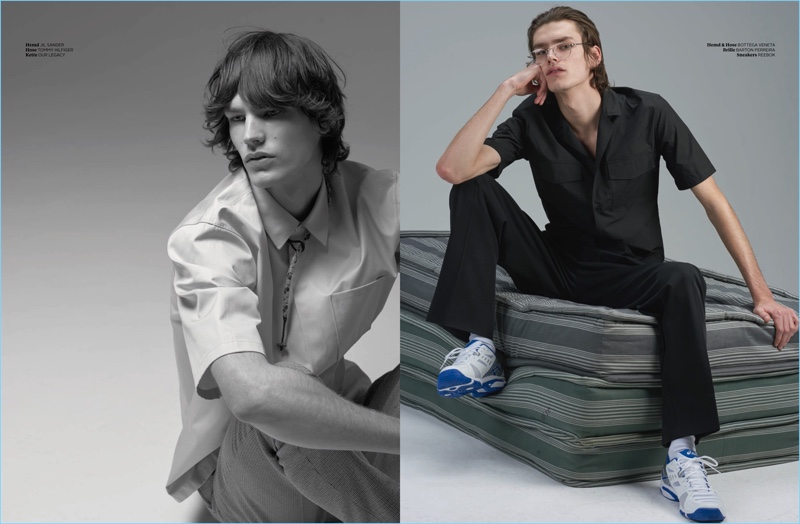 Left: Elias de Poot wears a Jil Sander shirt with Tommy Hilfiger pants. Right: Elias sports a shirt and pants by Bottega Veneta with Reebok sneakers.