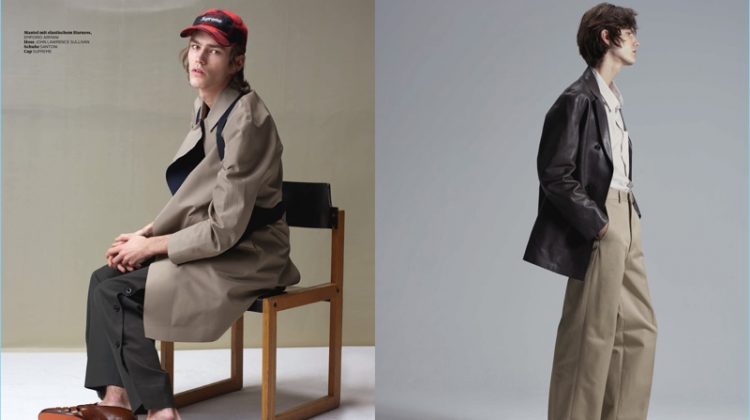 Left: Elias de Poot dons an Emporio Armani coat with John Lawrence Sullivan trousers. The Belgian model also wears a Supreme cap and Santoni shoes. Right: Elias wears a Jil Sander leather jacket, COS shirt, Diesel Black Gold trousers, and Santoni shoes.