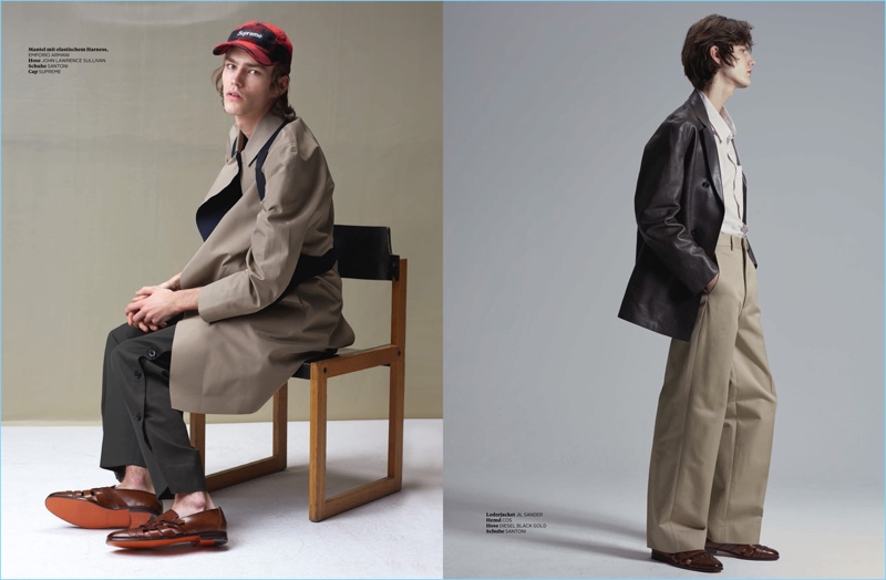 Left: Elias de Poot dons an Emporio Armani coat with John Lawrence Sullivan trousers. The Belgian model also wears a Supreme cap and Santoni shoes. Right: Elias wears a Jil Sander leather jacket, COS shirt, Diesel Black Gold trousers, and Santoni shoes.