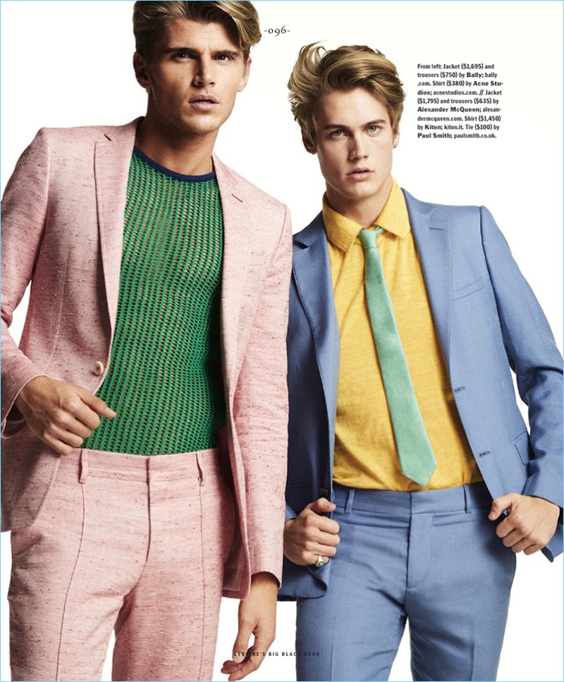 Left to Right: Twan Kuyper wears a Bally suit with an Acne Studios shirt. Neels Visser sports an Alexander McQueen suit with a yellow Kiton shirt and Paul Smith tie.