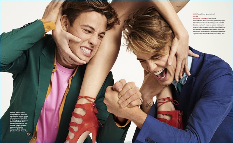 Left to Right: Cameron Dallas wears a Tommy Hilfiger blazer with a Jeffrey Rüdes shirt and Our Legacy t-shirt. Neels Visser models a Ralph Lauren blazer, Sandro shirt, and Alexander Olch tie.