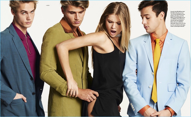 Left to Right: Neels Visser sports a shirt and suit by Hermes. Twan Kuyper wears a shirt and jacket by Pal Zileri. Josie Canseco dons a Halston Heritage dress and Giuseppe Zanotti choker. Cameron Dallas wears a Thom Browne suit with a Kiton shirt and Alexander Olch tie.