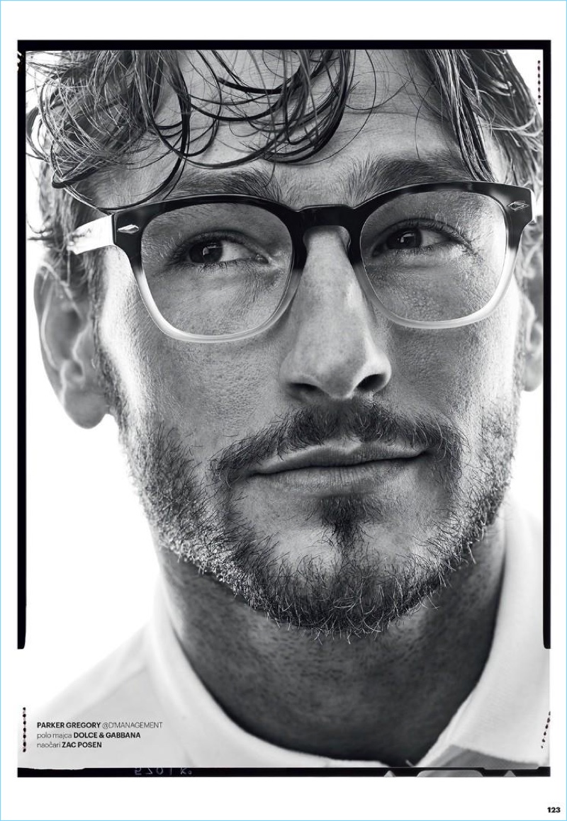 Parker Gregory wears a Dolce & Gabbana polo with Zac Posen glasses.