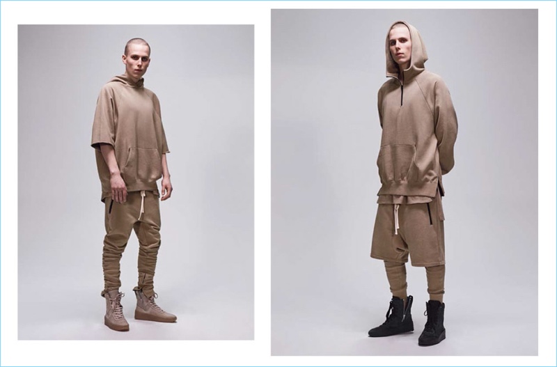 A neutral brown chinchilla hue dresses relaxed must-haves from the FOG Fear of God Essentials capsule collection.