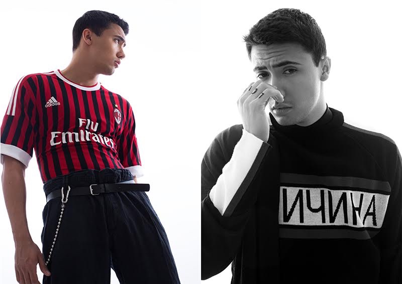 Left: Marlon wears shirt Adidas, vintage trousers, belt Hugo Boss, and chain Weekday. Right: Marlon wears shirt Weekday and sweater Topman.