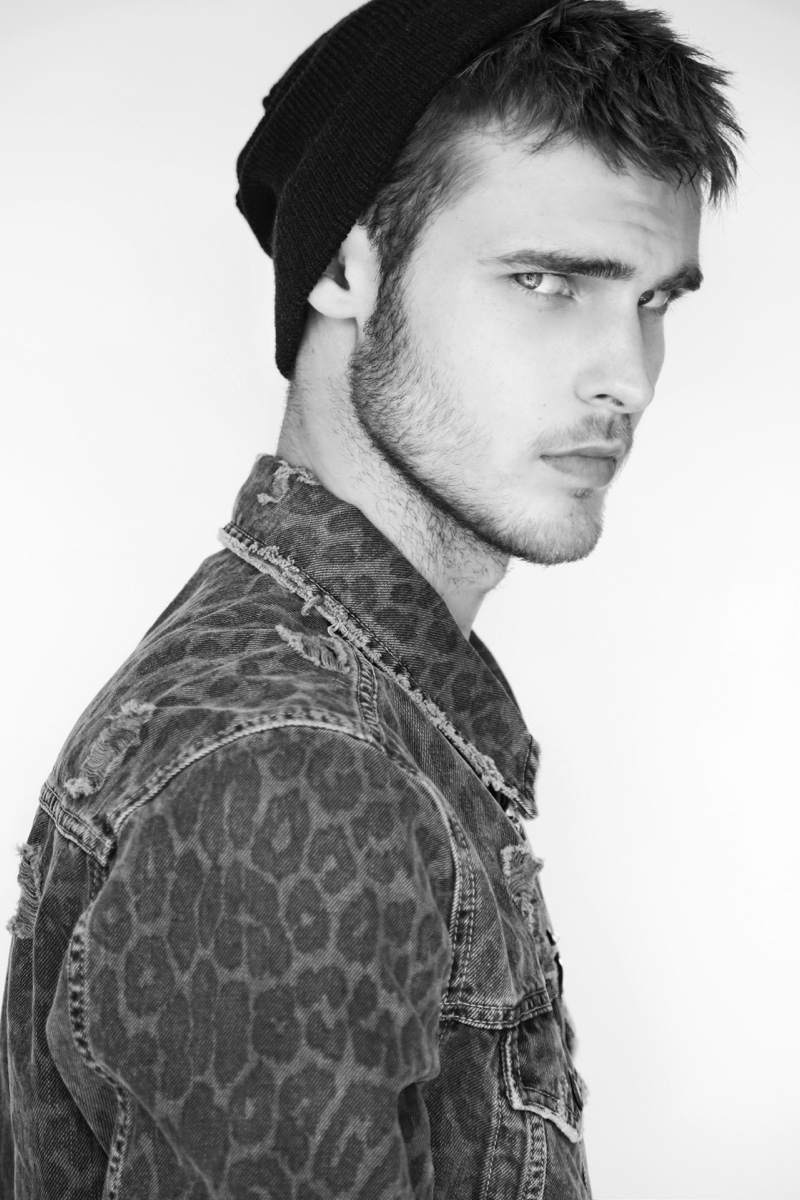 Max wears denim jacket Zara Man and knit beanie H&M.