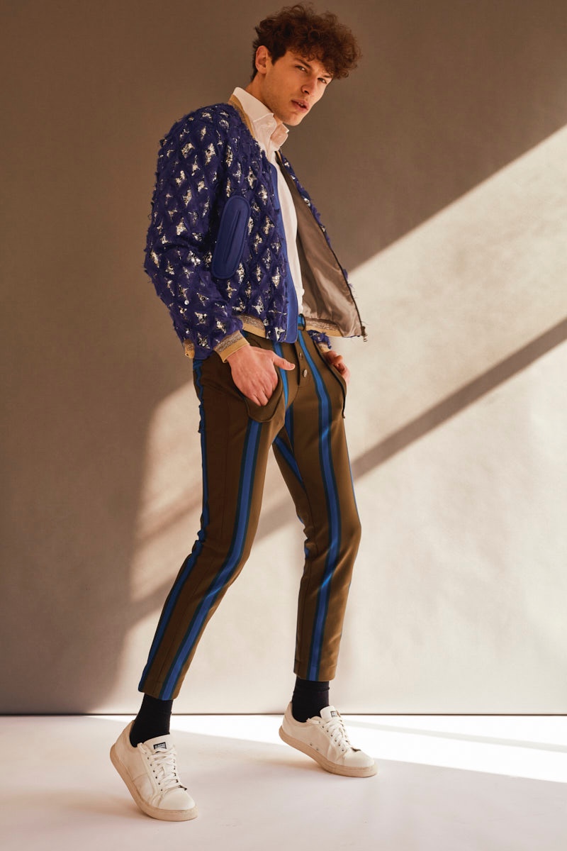 Petar wears shirt COS, shoes G-Star, embellished bomber jacket and striped pants Ana Locking.