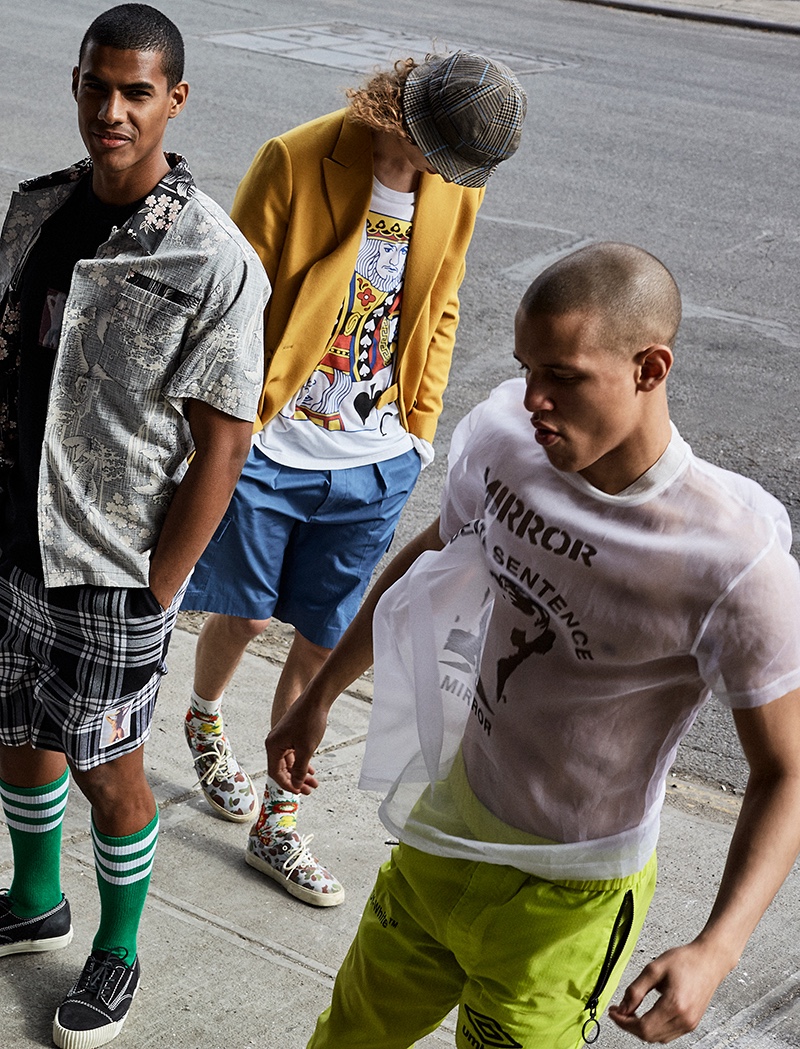 Rebellious fashions pay a nod to nineties style. Left to Right: Ashton wears all clothes Adidas and socks stylist’s own. Vitor wears all clothes Alexander Wang and socks American Apparel. Jack wears all clothes Stella McCartney and shoes Vans. Saul wears all clothes Off-White.