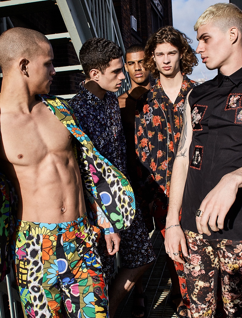 Floral prints easily dominate the season for a bold look. Left to Right: Saul wears all clothes Moschino. Ashton wears all clothes Tommy Hilfiger. Vitor wears short Fausto Puglisi. Jack wears all clothes Coach 1941. Roman wears all clothes Dior Home.