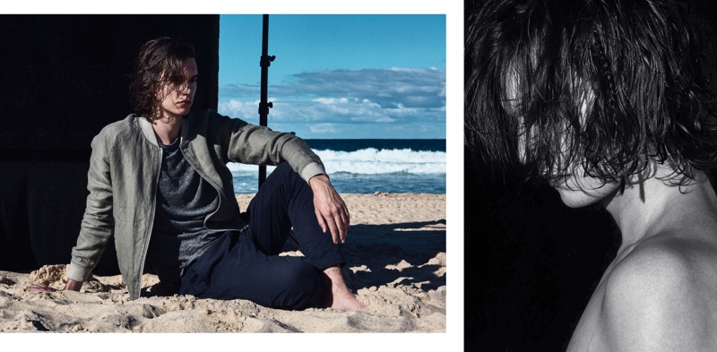 Model Jack Loftus wears a Venroy bomber jacket, long-sleeve tee $75, and summer chino trousers $90.